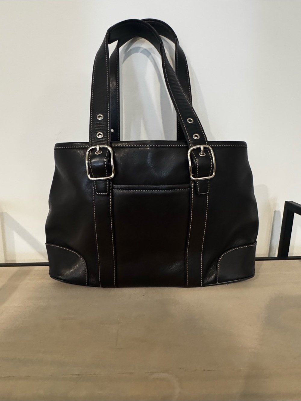 Coach Black Leather Shoulder Tote with Silver Buckles